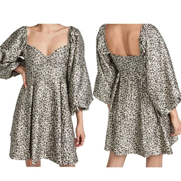 Sister Jane Tempo Leopard Jacquard Puff Sleeve Sweetheart Mini Dress Size XS - Picture 1 of 8